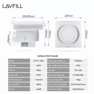 Quạt thông gió hút mùi âm trần có đèn LED LAVFILL LFCV-12DL LFCV-16DL với công suất 25w và 30w