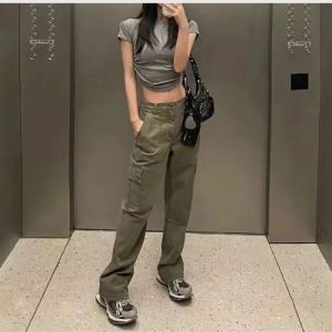 TWICE Same model 4 Pocket Cargo Pants Jeans Wide Leg Pants Casual Baggy Pants Black Pink Women