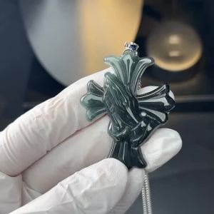 Original Myanmar A-Type Jade Black Cross Prayer Hand Pendant Men Titanium Steel Necklace for Gift with Certificate