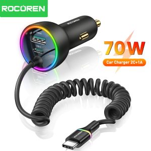 Rocoren Car Charger 70W 2C+1A With 1.6m Spring Wire Type C Cable Fast Charge For Phone