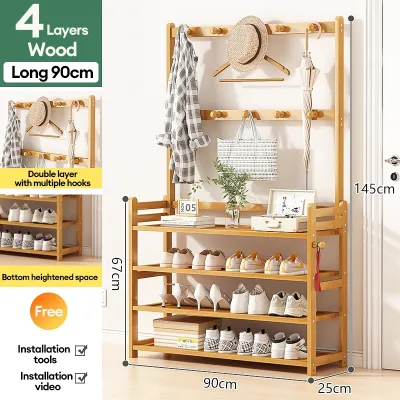 Bamboo Shoe Rack Organizer With Hooks Clothes Rack Hanger Organizer Wood Storage Shelf