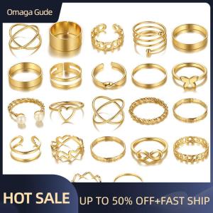 Omaga 22pcs Set Vintage Hollow Heart Butterfly Rings Set For Women Metal Color Geometric Spiral Shape Ring rendy Jewelry