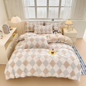 100% Cotton Bedding Set 3/4pcs Korean Cute Bunny Floral Printed Duvet Cover Set Ultra Soft Breathable High Density Quilt Covers