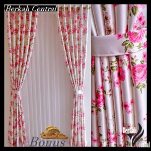 Gorden korden jendela ruang tamu bahan kain blackout import motif bunga sakura pink