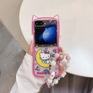 2025 ใหม่ สำหรับ Samsung Galaxy Z Flip 7 Z Flip 6 Z Flip 5 Z Flip 4 Z Flip 3 เคส เคสพับ การ์ตูนน่ารัก รูปหูแมว KT เคสซิลิโคน TPU นุ่ม พร้อมสร้อยข้อมือ