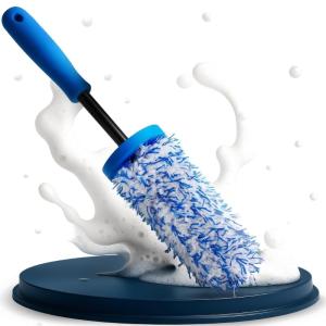 Blue Microfiber Wheel Brush for Cars Soft Bristle Rim Cleaner with Long Handle Scratch-Free Alloy Wheel Detailing Tool for Car Wash & Maintenance (1-Piece)