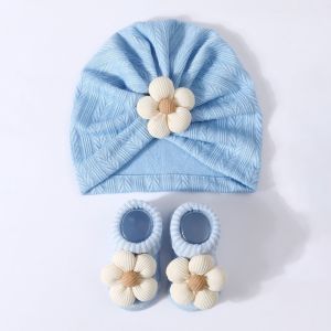 IFFINE Flower Infant Turban Hat Socks Set Elastic Soft Cotton Hat Sock Set Cute Breathable Baby Headscarf Hat Newborn Supplies