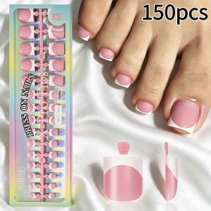 JAYNEBIO 150pcs Short Square False Nails French Full Cover Press on Toenails Fashion 15 Sizes Short Tip Toenail DIY Home Manicure