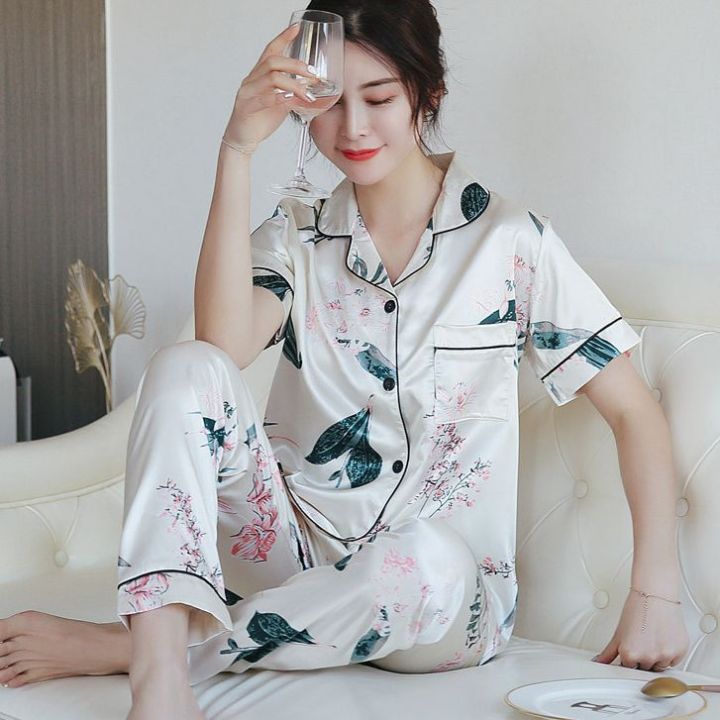 Plus Size 5XL Women Pajamas Silk Satin Set Print Short Sleeved Long Pants  High Quality Comfortable Casual Ladies Pyjamas Summer Loungewear