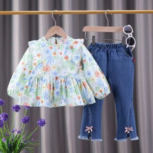KID FASHION Setelan Anak Perempuan Lengan Panjang Katun Bunga 0-Neck Renda Korean Style 1-4 Tahun