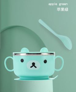 ชามเด็ก ชามข้าวเด็ก ชุดทานข้าวเด็ก ชามก้นดูด ถ้วยอาหารเด็ก ชามอาหารเด็ก ภายในสแตนเลสกันความร้อน พร้อมฝาปิดและช้อน