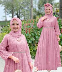 Pakaian Gamis Anak Perempuan Dan Remaja Abg Terbaru Kekinian Viral Model Tangan Balon/Maxi Zahra Kids 3-14 Tahun Matt Full Brokat Mutiara di Lapis Furing Hyget Mix Tille Onde