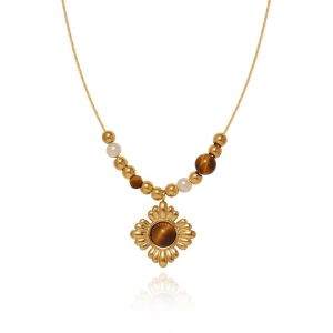 Natural Tiger Eye Stone Beded Vintage Pendant Gold Chain Necklace • Waterproof Non Tarnish Jewelry • 18K Gold Plated 316L Stainless Titanium Steel Necklaces for Women Men NL253