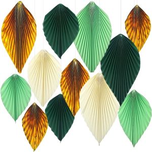NOBLELYN 9pcs Handmade Paper Leaf Fan Flower Hanging Green Beige Gold Leaf Fan Background Decoration DIY Festival Paper Leaves Decoration Classroom Wall Backdrop Supplies