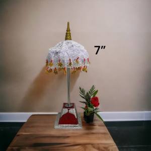 ဘုရား ​ရွှေထီး ​ငွေထီး ရွှေရောင် ငွေ ่ร่มฉัตร ร่มพระพุทธรูป ปักดิ้นเงิน สีขาว และสีทอง พร้อมที่ตั้ง และก้านร่ม ขนาด 7 นิ้ว 9นิ้ว 12 นิ้ว  ร่มประประธาน ร่ม 908202