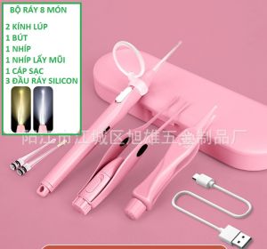 (pin sạc ) Bộ ráy tai lấy mũi có đèn xài pin sạc 8 món full box kèm thêm 4 đầu ráy có đầu silicon danh cho em bé - Bộ dụng cụ lấy ráy tai