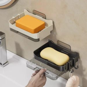 Wall Mounted Soap Holder with Hooks No Drill Double Layer Soap Dish With Drain Tray hadyshop