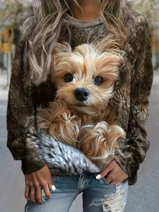 [Local Stock] ZEEMIN Dog Lion Animal 3D Print Long Sleeve T-Shirt Fashion Womens Casual T-shirts Oversized Top Y2K Tees Streetwear Female Clothing