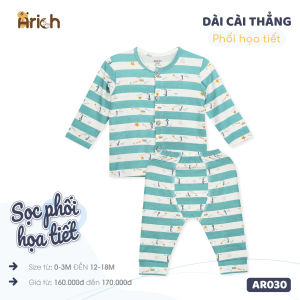 Bộ dài tay cài thẳng Arich vải sợi tre mềm mát an toàn phối sọc họa tiếtbộ quần áo trẻ em bé trai bé gái