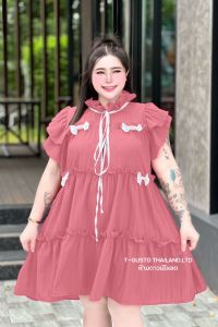 E9เดรสกระโปรงแต่งโบว์-สาวอวบพลัสไซส์ เนื้อผ้าด๊อบบี้
