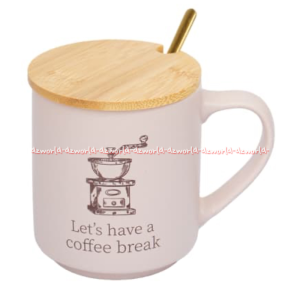 Delicia 350ml Brown Cream White Mug There isi Always Time For Coffee Gelas Cangkir Dengan Tutup Dan Sendok Stainless Steel Kecil