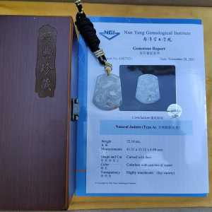 Natural Type A Jadeite carved with deer  Icy Highly Translucent with russet patches  NGI Certification with weight at 72.1 grams  [41.51 * 33.32 * 6.08 mm] - Premium Myanmar Jadeite Pendant (pendant144)