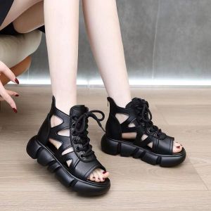 Xăng-đan lỗ thoáng da thật cho phụ nữ vào mùa hè năm 2024 đế Muffin mới xăng đan Rô-ma có đế dày xăng đan hở mũi thời trang và đa năng