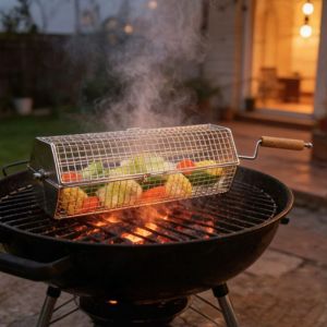 HUNIU HOUSE Lục giác Giỏ lưới nướng BBQ có bánh xe Thép không gỉ có tay cầm bằng gỗ Lồng nướng thịt quay Bền bỉ Chống ăn mòn Giỏ nướng quay Cắm trại