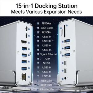 15 in 1 USB C HUB 4K HDMI Type C Docking Station With RJ45 1000M USB 3.0 PD 100W SD/TF Card Reader Audio 3.5 Adapters for Laptop