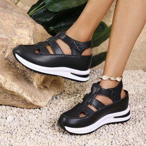 [Free Shipping] Summer New Collection: WomenS Open-Toe Hollowed-Out Breathable Wedge Sandals With A Large Size Platform Sole And Velcro Closure