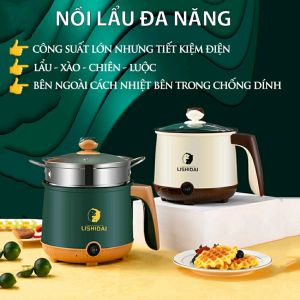 Nồi Lẩu Điện Mini 2 Tầng Chống Dính Kèm Khay Hấp Inox Nồi Nấu Đa Năng Shanban Siêu Xịn Chiên Xào Hấp Nấu Lẩu Tiện Dụng.