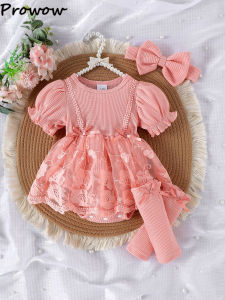 Prowow Baby Bodysuit Dresses For Girls Clothes Summer Pink Lace Flower Romper With Socks Headband 3pcs Newborns Infants Onesies2026