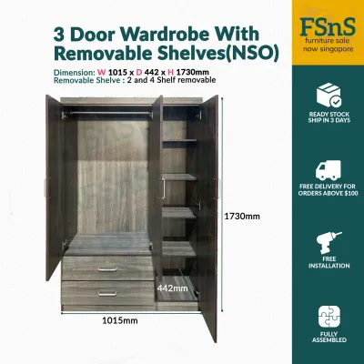 SG Ready Stock 3 Door Wardrobe With Removable Shelves