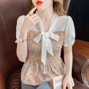 Aki20 Blouse for Woman 2024 New Design Fashion Slim Streamer Floral Top Fairy Korean Style All-match Chiffon Shirt Women Blouse