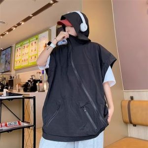 SINRANSINYA丨เสื้อฮู้ดชาย-เสื้อสเวตเตอร์เปลือกแข็งอเนกประสงค์เสื้อสำหรับผู้ชายอเมริกันเสื้อแขนสั้นของช่างภาพเสือกั๊กมีหมวกแขนกุดบาง