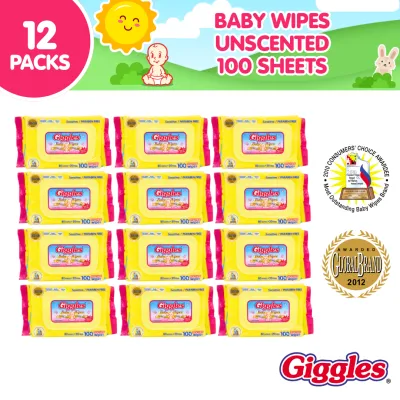 Giggles Baby Wipes Unscented 100 Sheets (12 Packs) – Moisturizing Baby-Safe Multipurpose Travel