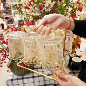 Bộ 6 Cốc Thuỷ Tinh Hoa Lùn  Viền Vàng Vintage Cao Cấp