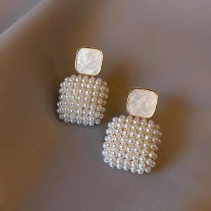 High Sense Simple Rice Pearl White Square Pendant Earrings For Woman New Korean Fashion Jewelry Girls Accessories