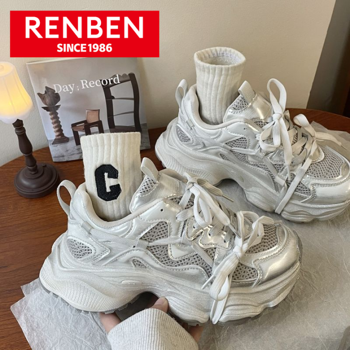 RENBEN Silver Chunky Sneakers for Women Lightweight and