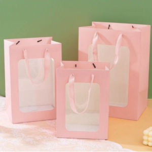 5pcs Paper Bag Window Paper Bag Clear Window Gift Bags for Stuff Toys Flower Bag Thick Hand-held Paper Bag Gift Packaging Valentines Day Gift Bag
