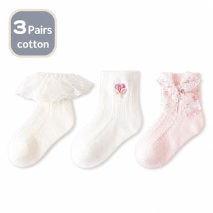 Baby Girls Cotton Socks 3 Pairs Cute Bow Lace Ruffle Ankle Socks Soft Breathable Infant Toddler Princess Socks Newborn Gift