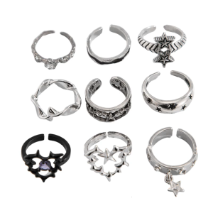 9 Pieces Silver Thorn Rings for Women Men Gothic Styles Set with Skull Snake Heart and Flower Designs Daily Use