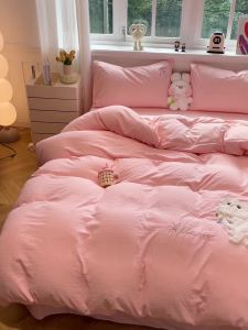 ins Cute Cat Embroidery Washed Cotton Home Four-Piece Set Girly Pink Cartoon Duvet Cover Dormitory Bed Sheet Three-Piece Set LZD