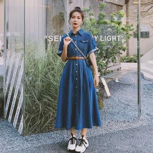 Fashion short-sleeved denim dress womens new retro denim dress thin temperament waist denim dress
