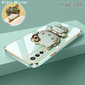 YIWESAN Casing Ponsel untuk VIVO Y50 Y30 Y30I Y51 2020 Y51A Y31 2021 Y53s Y33 Y35 Y02 Y02A Y11 2023 Case HP lensa kamera Gel silika Phone Stands Casing lapisan perbatasan pola kucing wadah Softcase anti guncangan Kesing