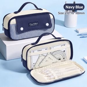 A5TG 1Pc Striped Print Pencil Case Large Capacity Handheld Pencil Pouch Portable Color-Blocking Stationery Storage Bag Boys