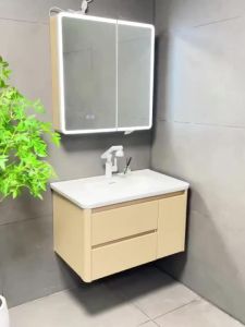 Natural Wood Space Aluminum Honeycomb Curved Bathroom Vanity Set Ceramic Integrated Wash Basin
