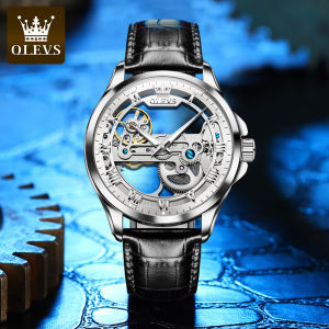 OLEVS luxury leather watch for men automatic waterproof original no battery hollow-carved perspective design mechanical wrist watches