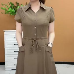 Dresses for Womens Summer New Collection Waist Style Flip Collar A-line Dress