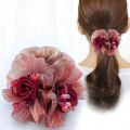 FORUM Girls Simple Elegant All-match Hair Scrunchies Ponytail Holder Crystal Bead Cloth Rose Flower Korean Style Headwear Female Hair Accessories Flower Hair Rope Silk Yarn Rubber Band. 